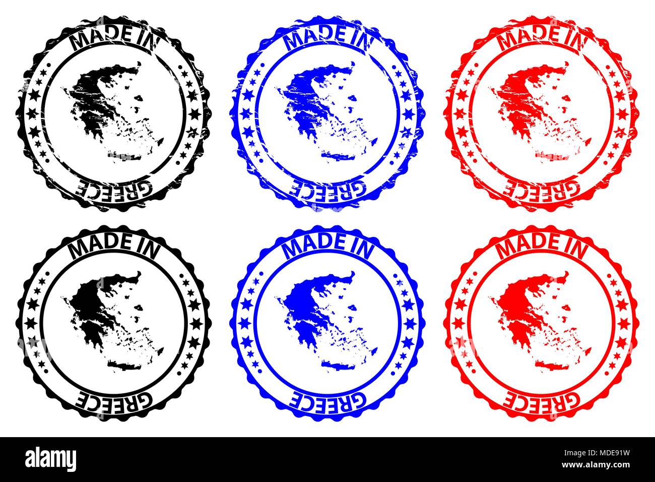 Made in Greece - rubber stamp - vector, Greece map pattern - black, blue and red Stock Vector