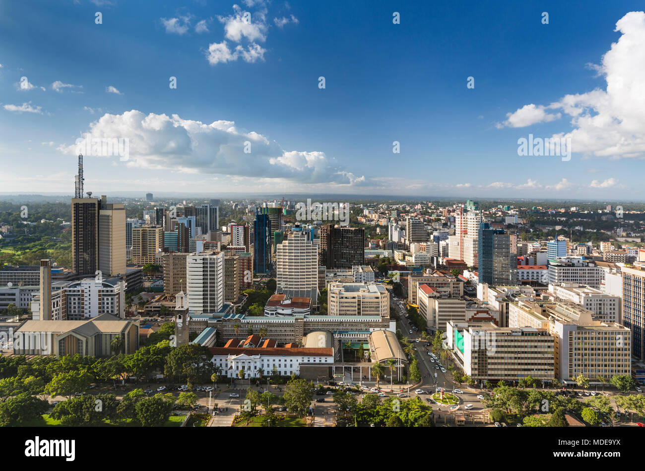 View over City Hall and modern highrises and streets in the business district of Nairobi, Kenya. Stock Photo