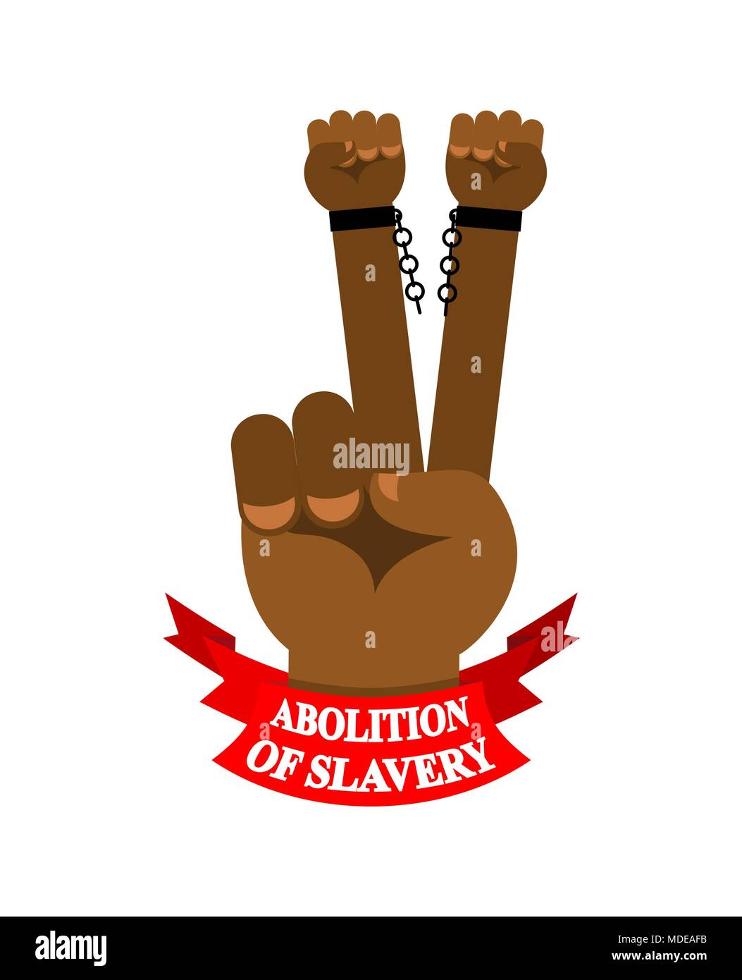 Abolition of slavery. Hand symbol victory. Arm slave with broken shackles. Broken chain. Stock Vector