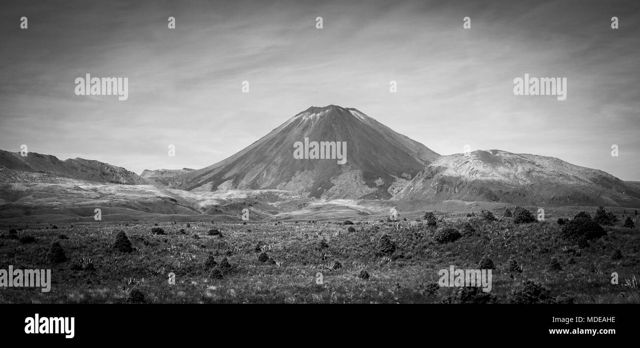 Black and white shot of volcano AKA Mount Doom,Made in Tongariro National Park in New Zealand Stock Photo