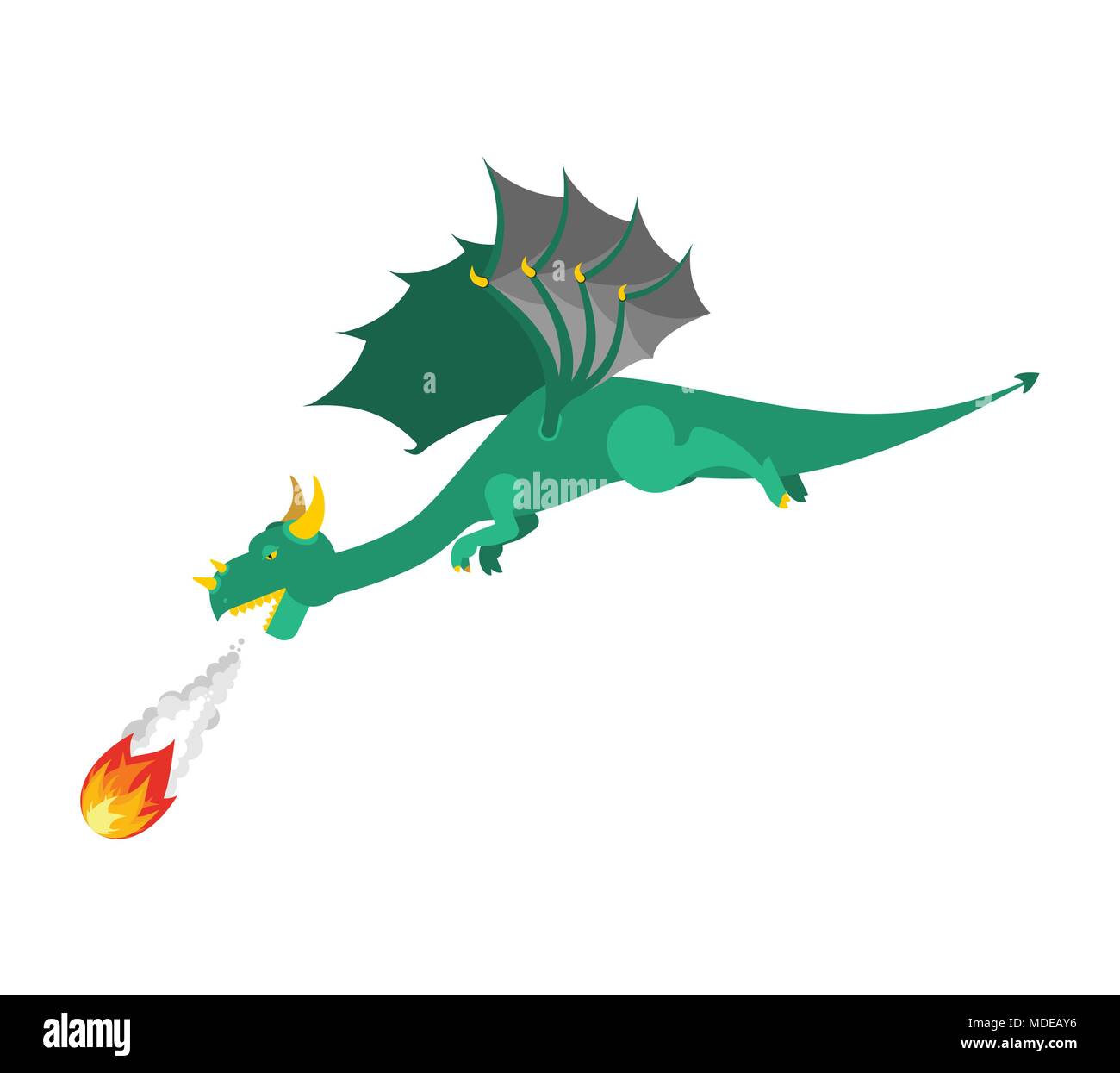 Green Dragon flies And shoots fire. Mythical Monster with wings ...