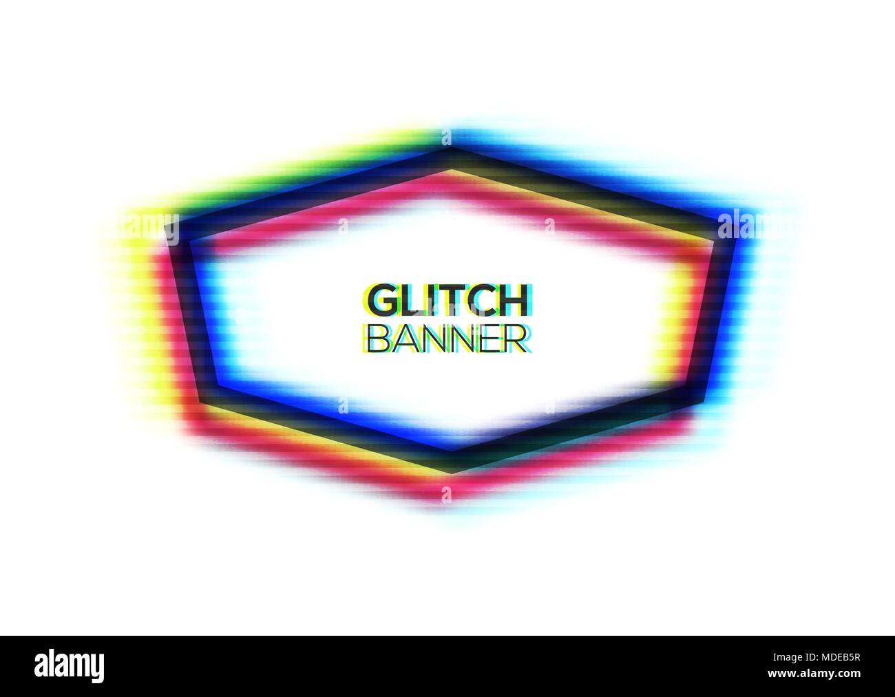 Hexagon abstract frame with glitch texture. Distorted modern hexagonal background with glitch effect. Broken glitched sign. Polygon in rgb colors. Cmyk concept channel. Colorful vector illustration. Stock Vector