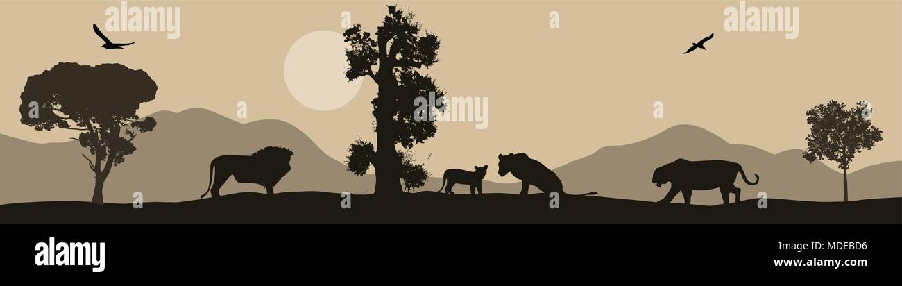 Lions silhouette on african savannah landscape , vector illustration Stock Vector