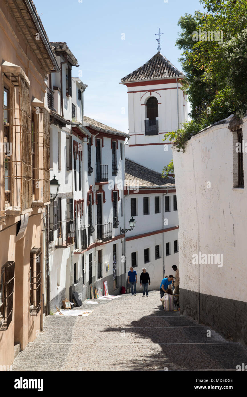 Narrow street of Cuesta de San Gregorio in the Albaicin area, Granada, Andalucia, Spain, Europe Stock Photo