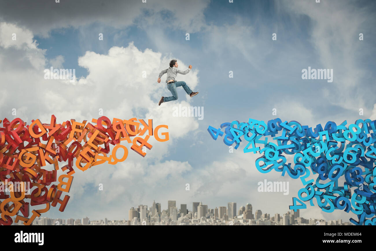 man jump from letters bridge to numbers abstract image Stock Photo