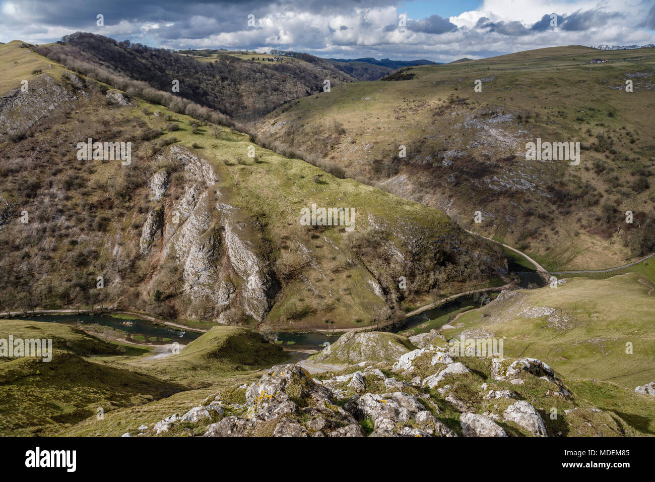View of Dovedale from the summit of Thorpe Cloud, Peak District National Park, Derbyshire Stock Photo