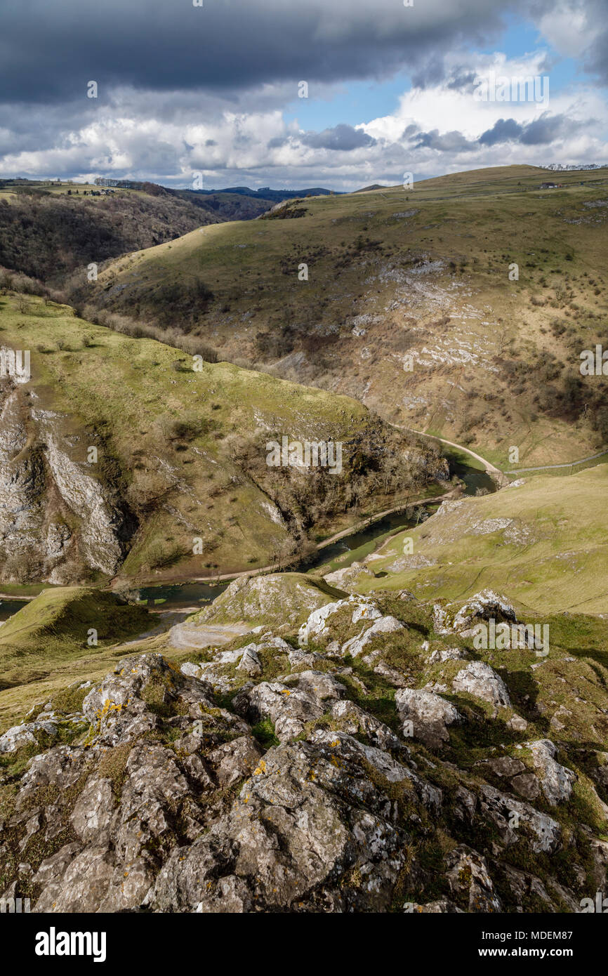 View of Dovedale from the summit of Thorpe Cloud, Peak District National Park, Derbyshire Stock Photo