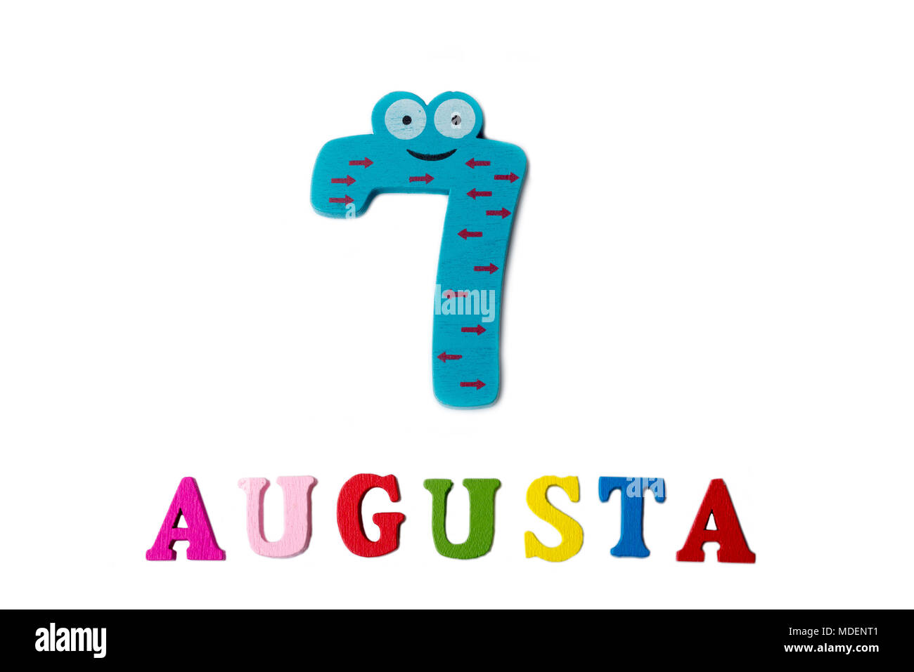 August 7. Image of August 7, close-up of numbers and letters on white background. Summer day Stock Photo