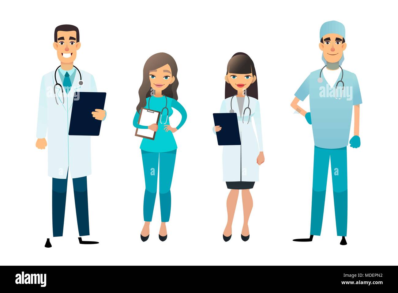 Doctors and nurses team. Cartoon medical staff. Medical team concept. Surgeon, nurse and therapist on hospital. Professional health workers. Stock Vector