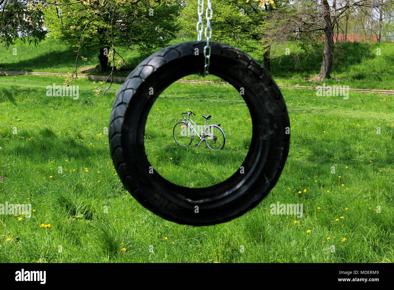 Vintage bicycle framed with hanging car tire Stock Photo