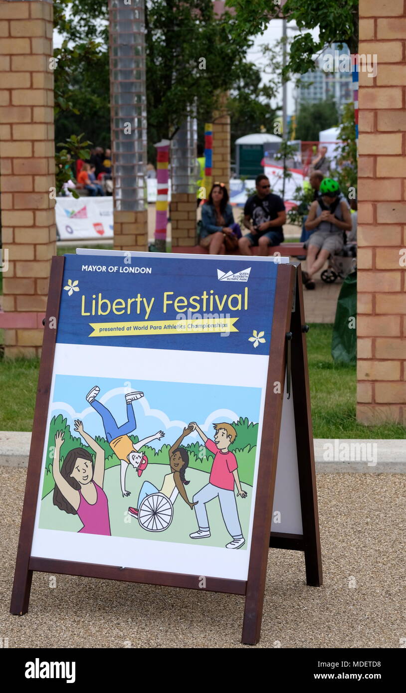 Sign board advertising the National Paralympic Day and Liberty Festival at Queen Elizabeth Country Park 2017 Stock Photo
