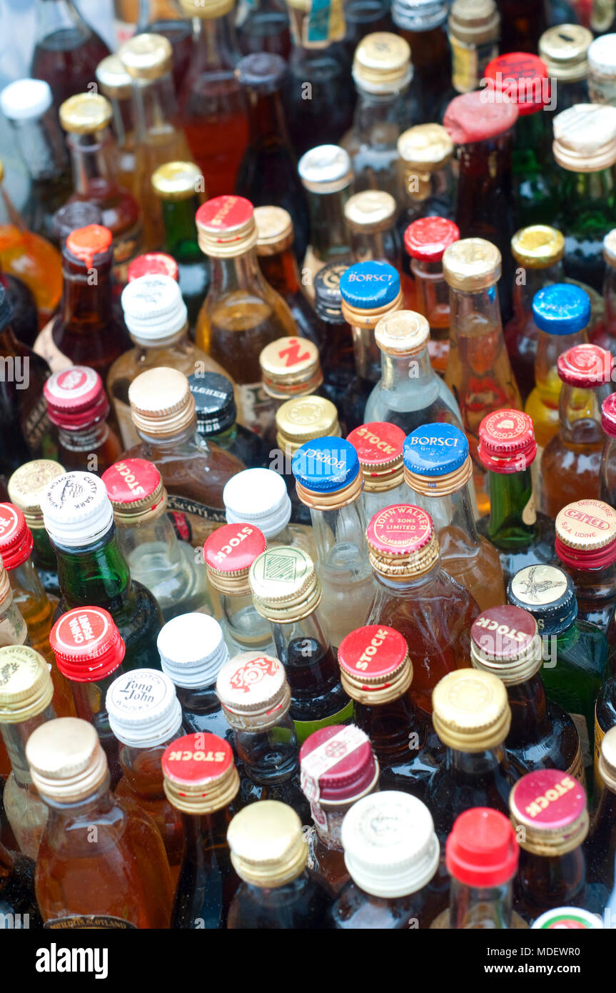 Italy, Lombardy, Milan,  Flea Market, Old Minil Alcohol Bottles Stock Photo
