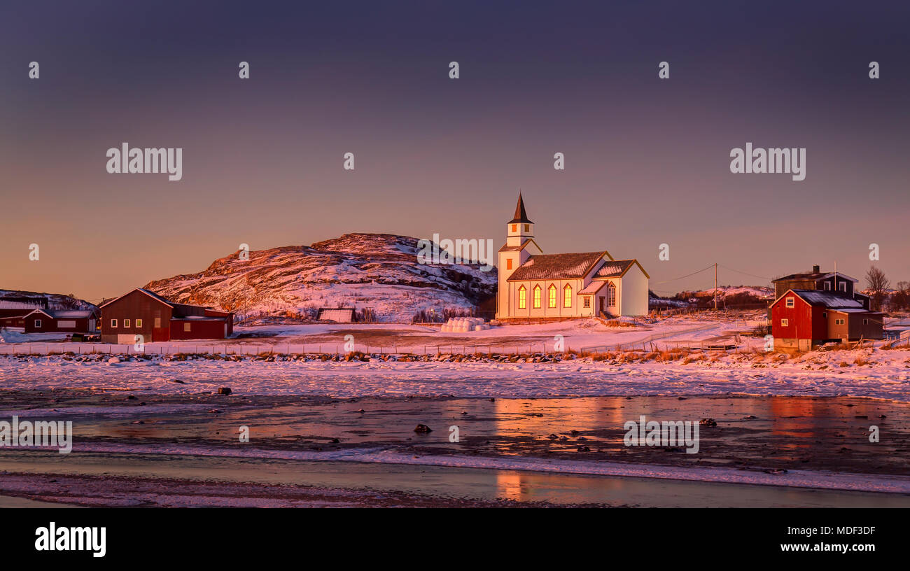 Brensholmen Church in Troms, Northern Norway in Winter at Sunset. Stock Photo