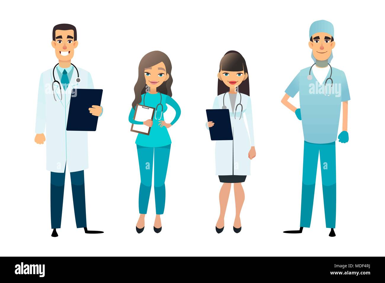 Doctors and nurses team. Cartoon medical staff. Medical team concept. Surgeon, nurse and therapist on hospital. Professional health workers. Stock Vector