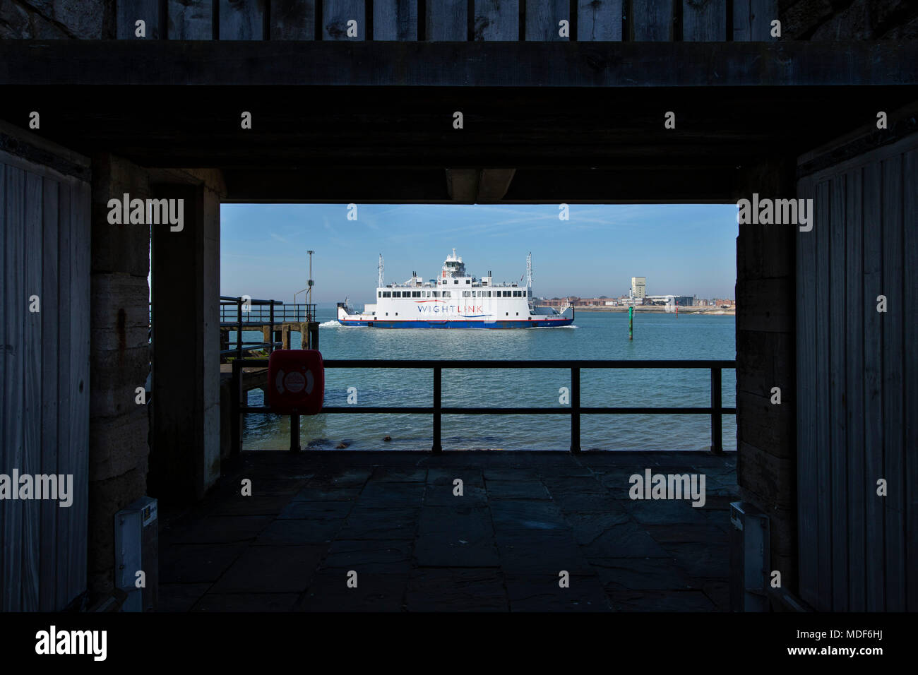 Wightlink Ferry, Wight Sun arriving at Portsmouth from Fishbourne, Isle of Wight on April 19 2018. Taken from the Hot Walls, portsmouth Stock Photo