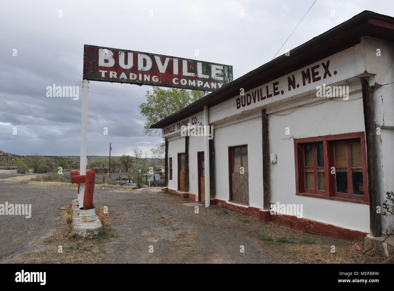 The historic Budville Trading Company in Budville, New Mexico. The long-closed business was once a popular stop for locals and motorists on Route 66. Stock Photo