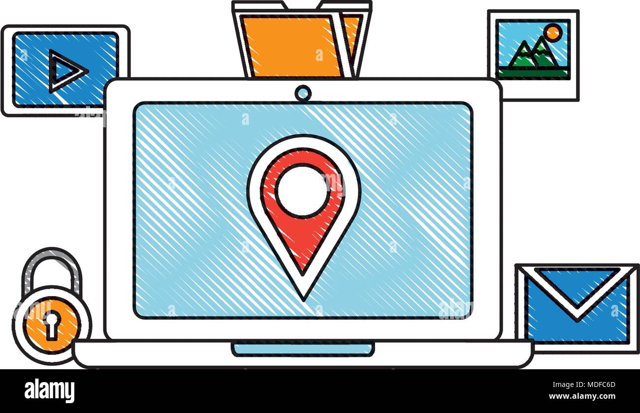 laptop with pointer map social media icons Stock Vector