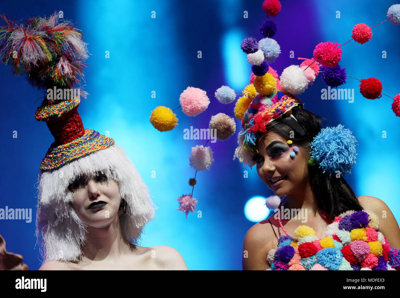 Models take part in a full dress rehearsal of their creations fashioned from recycled materials as the Bank of Ireland Junk Kouture finalists took to the catwalk at the 3Arena in Dublin. Stock Photo