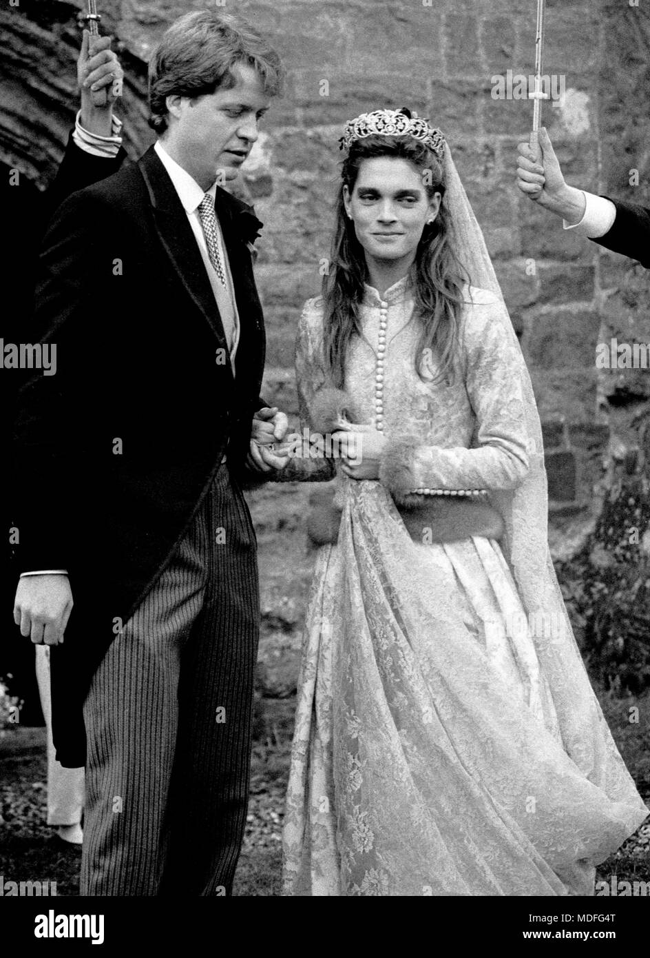 Viscount Althorp alongside his bride Victoria Lockwood after their wedding ceremony at St. Mary's Church in Great Brington, Northamptonshire. Stock Photo