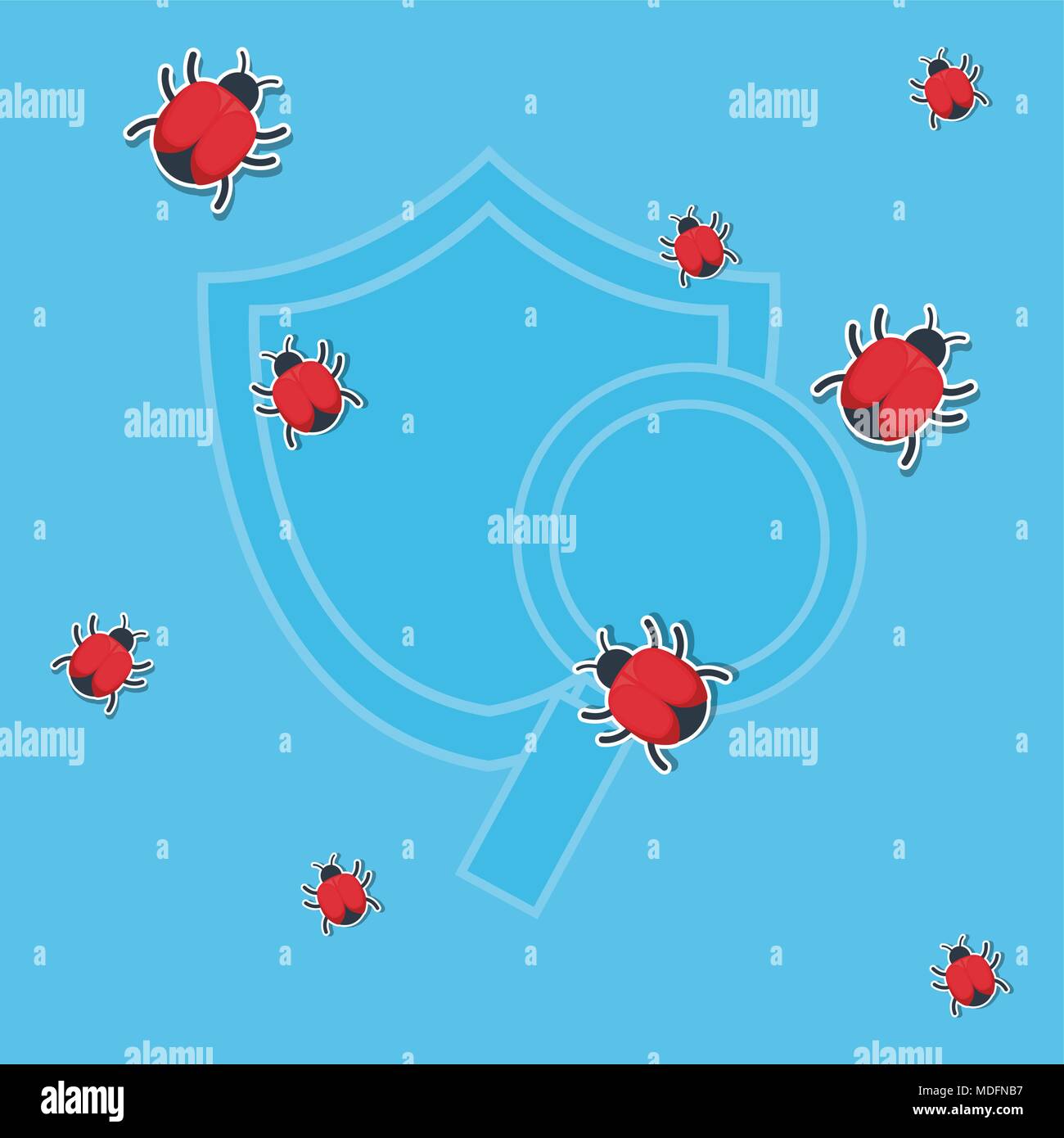 cyber security design with shield and lupe with virus bugs around over ...