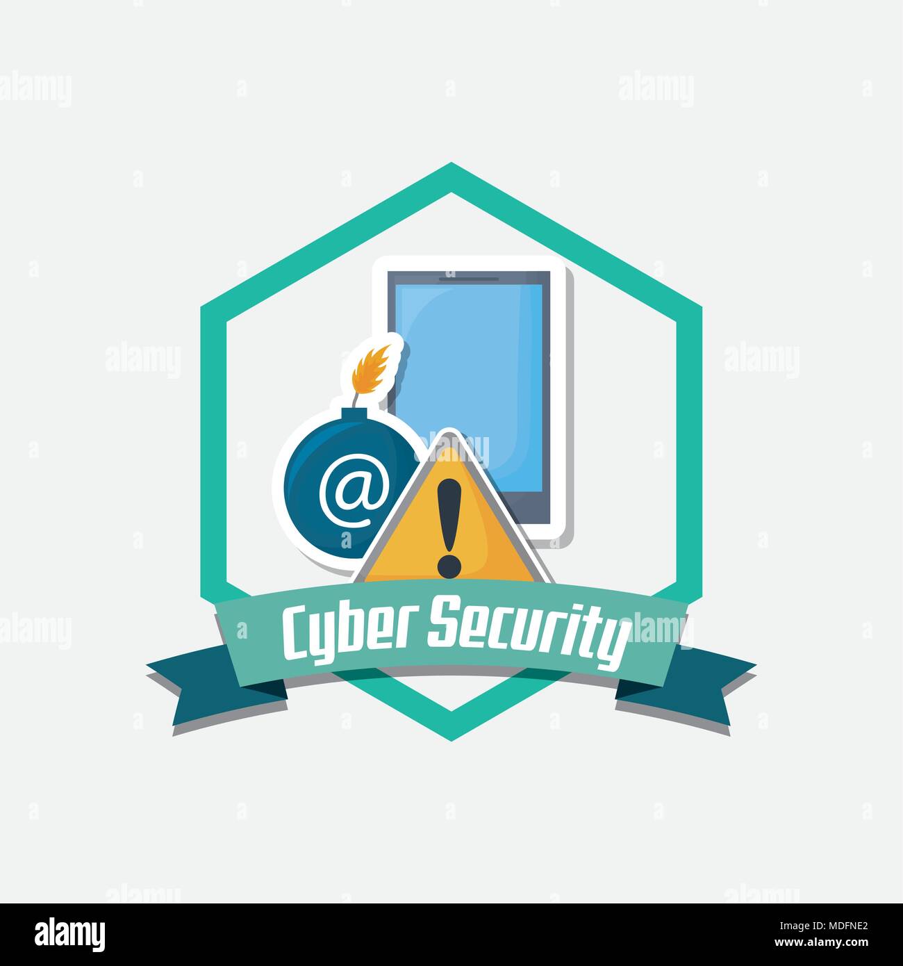 emblem of cyber security with smartphone and related icons over white ...