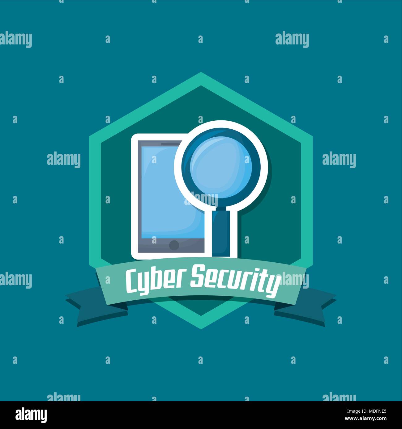 emblem of cyber security with smartphone and lupe over blue background ...