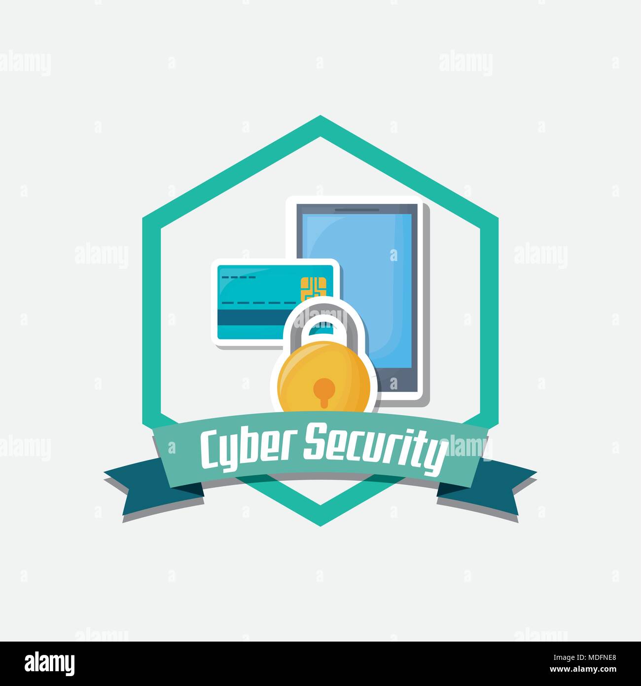 emblem of cyber security with smartphone and related icons over white ...