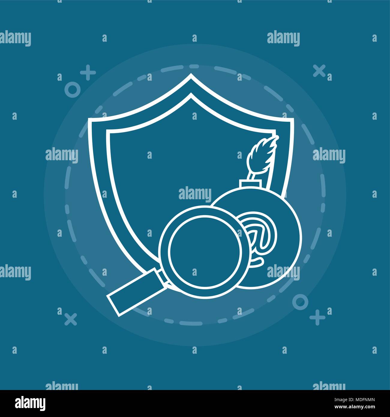 cyber security design with shield and bomb and lupe over blue ...