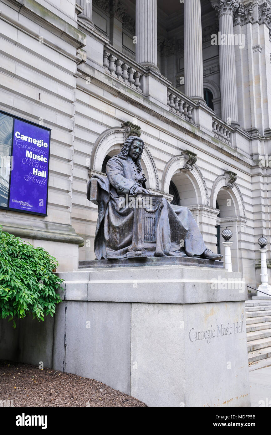 Composer Bach statue  near Carnegie Music Hall building, Pittsburgh, Pennsylvania , USA Stock Photo