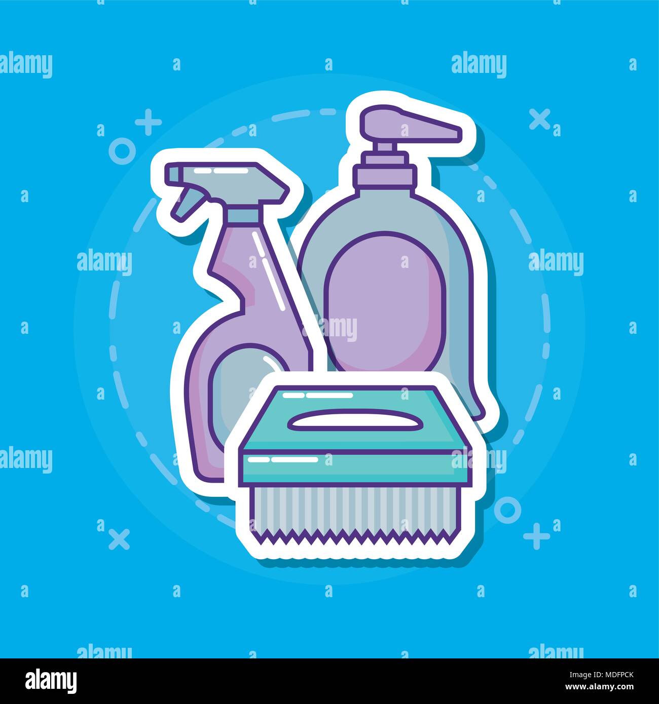 handsoap bottle and scrub brush over blue background, colorful design. vector illustration Stock Vector