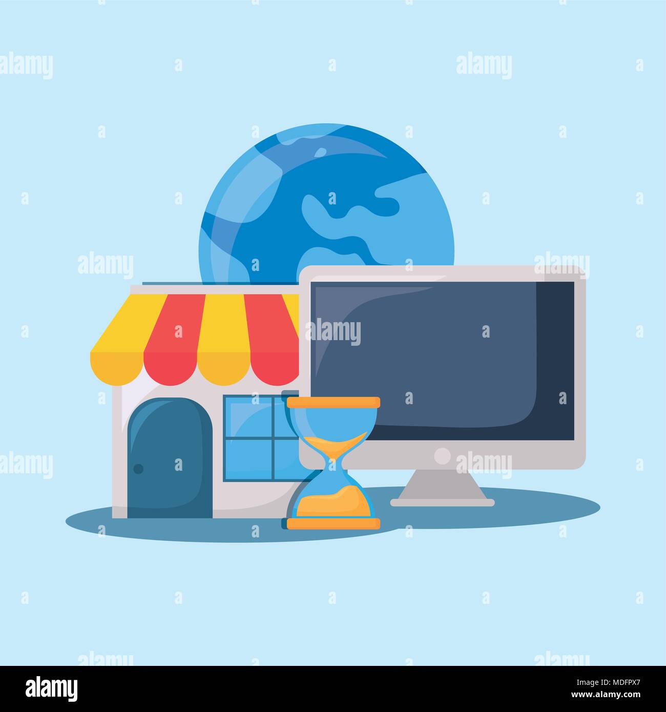 store and computer with earth planet over blue background, colorful ...