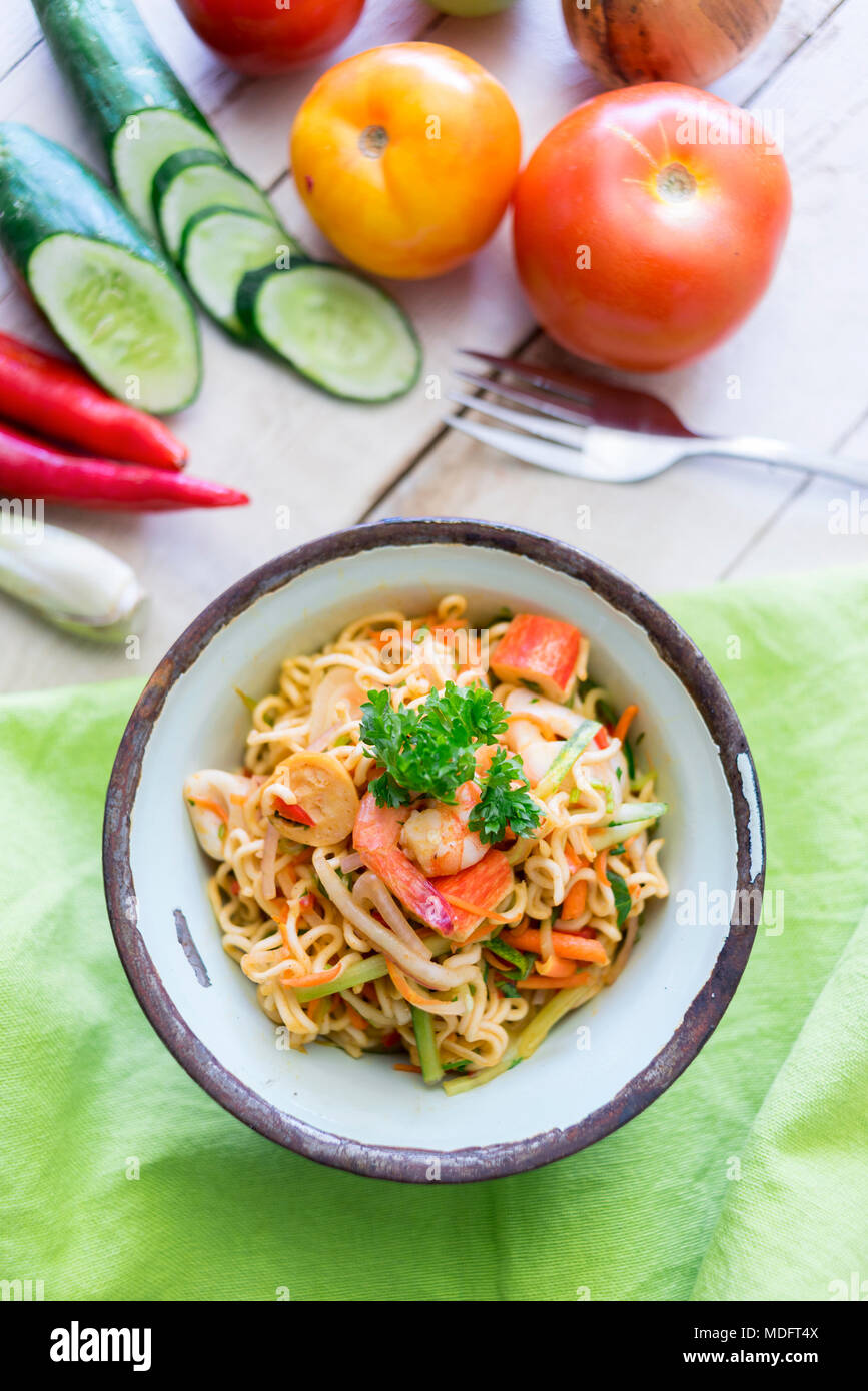 Malaysian style maggi goreng noodles with prawn Stock Photo