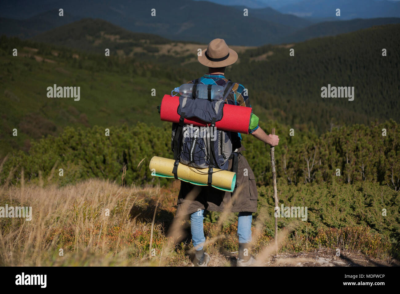 Hiker looking at mountain view, Ukraine Stock Photo