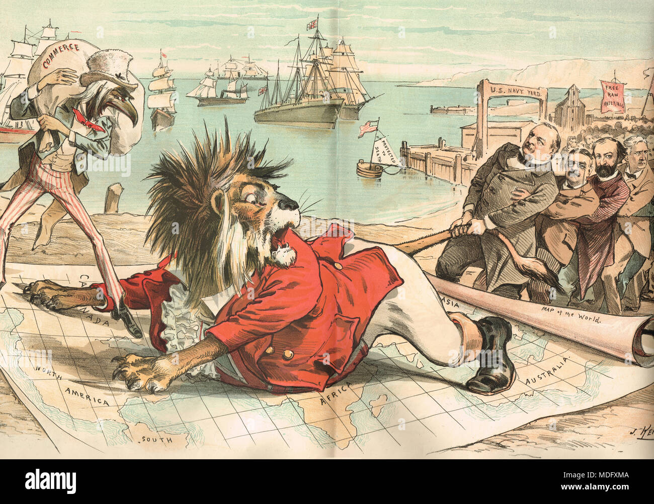Grover Cleveland, tariff reform, Puck magazine, 1888, taming the British lion, clawing trade from British empire Stock Photo