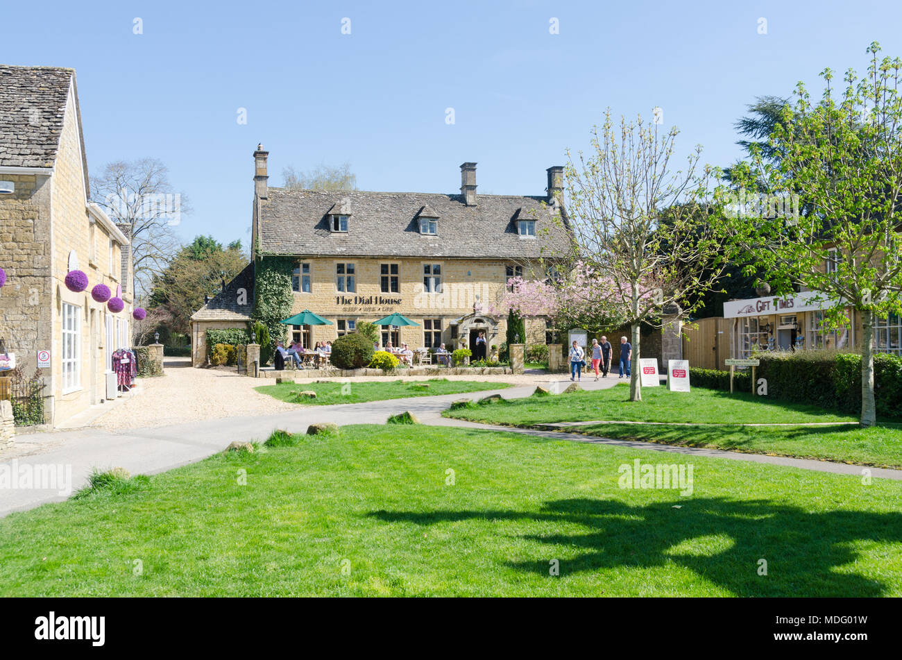 The Dial House hotel and restaurant in the popular Cotswold village of Bourton-on-the-Water, Gloucestershire in spring sunshine Stock Photo