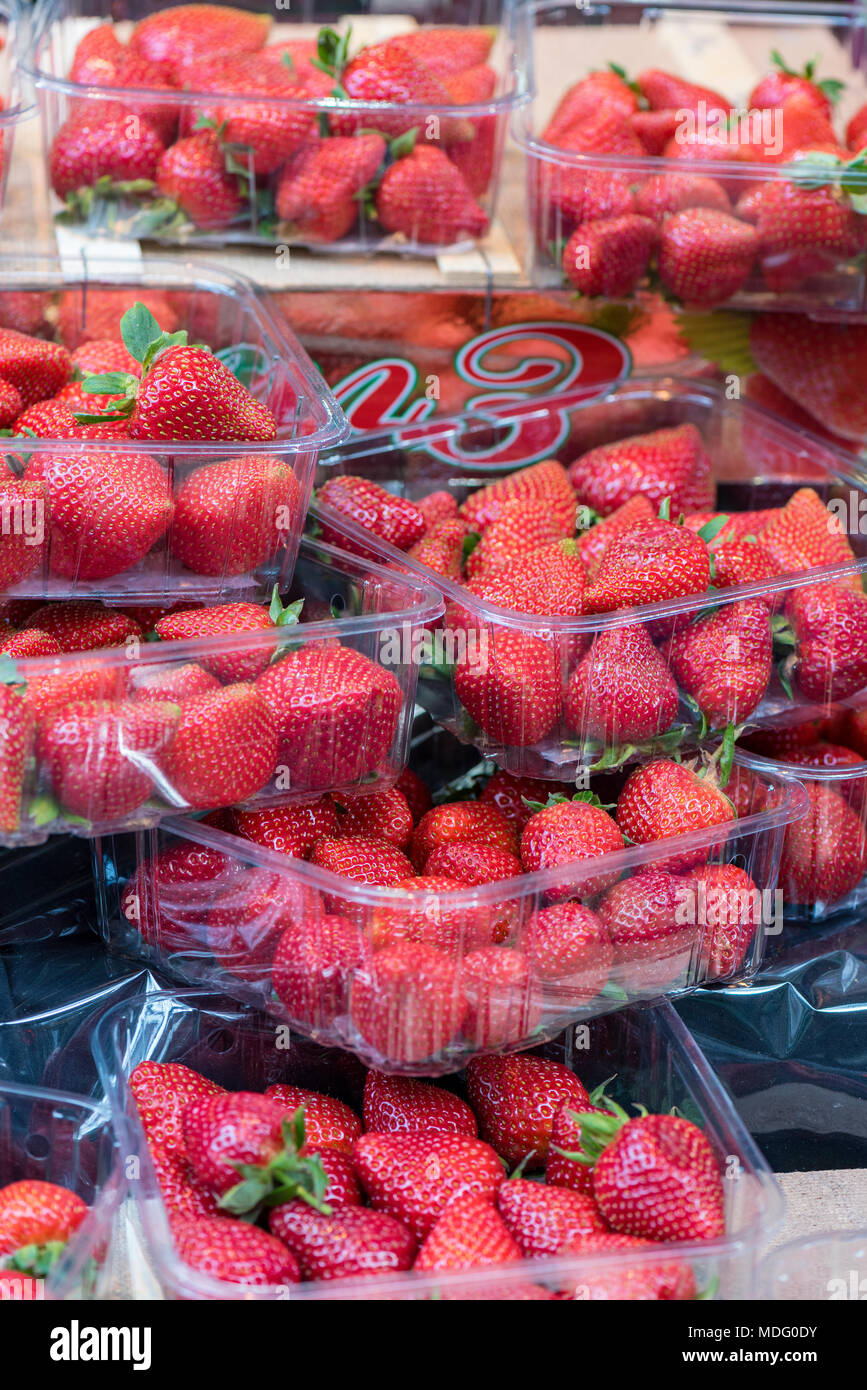Punnets of freshly picked strawberries for sale on a stall at borough market in london selling fresh fruits and vegetables at a greengrocers stall. Stock Photo