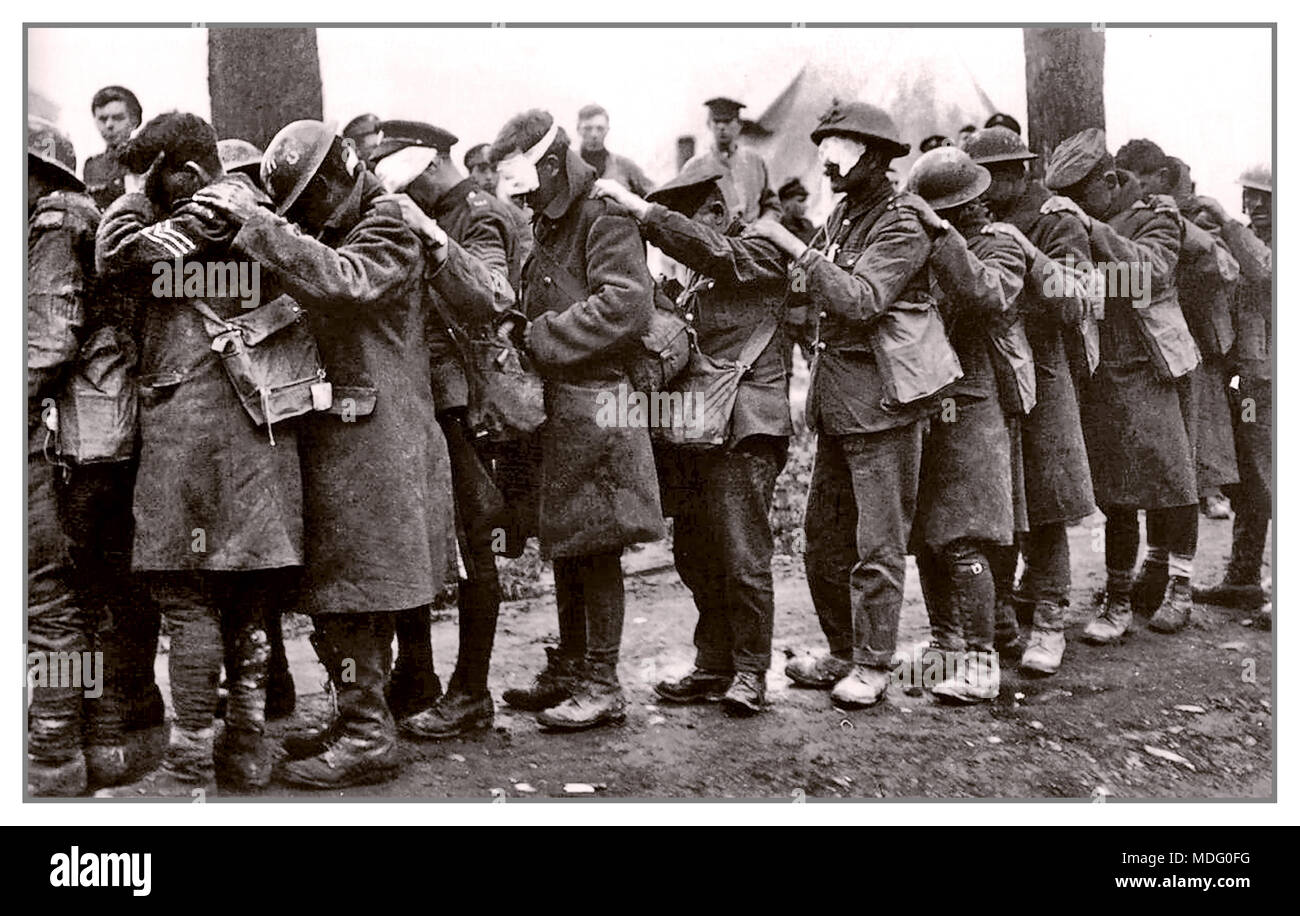 WW1 Gas chemical attack British 55th (West Lancashire) Division troops blinded by German tear gas, await treatment at an Advanced Dressing Station near Bethune during the Battle of Estaires. 10 April 1918, part of the German offensive in Flanders. World War 1 Stock Photo