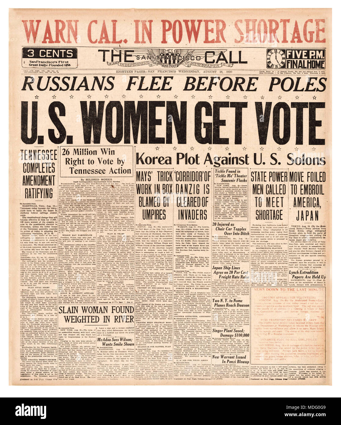 U.S. WOMEN GET VOTE  19th Amendment Newspaper headline Suffrage Vote On Aug 18 1920 Tennessee became the 36th state to ratify the 19th Amendment to the U.S. Constitution. Seven years after the suffrage parade and 72 years after the struggle began, women in every U.S. state finally won right to vote. Stock Photo