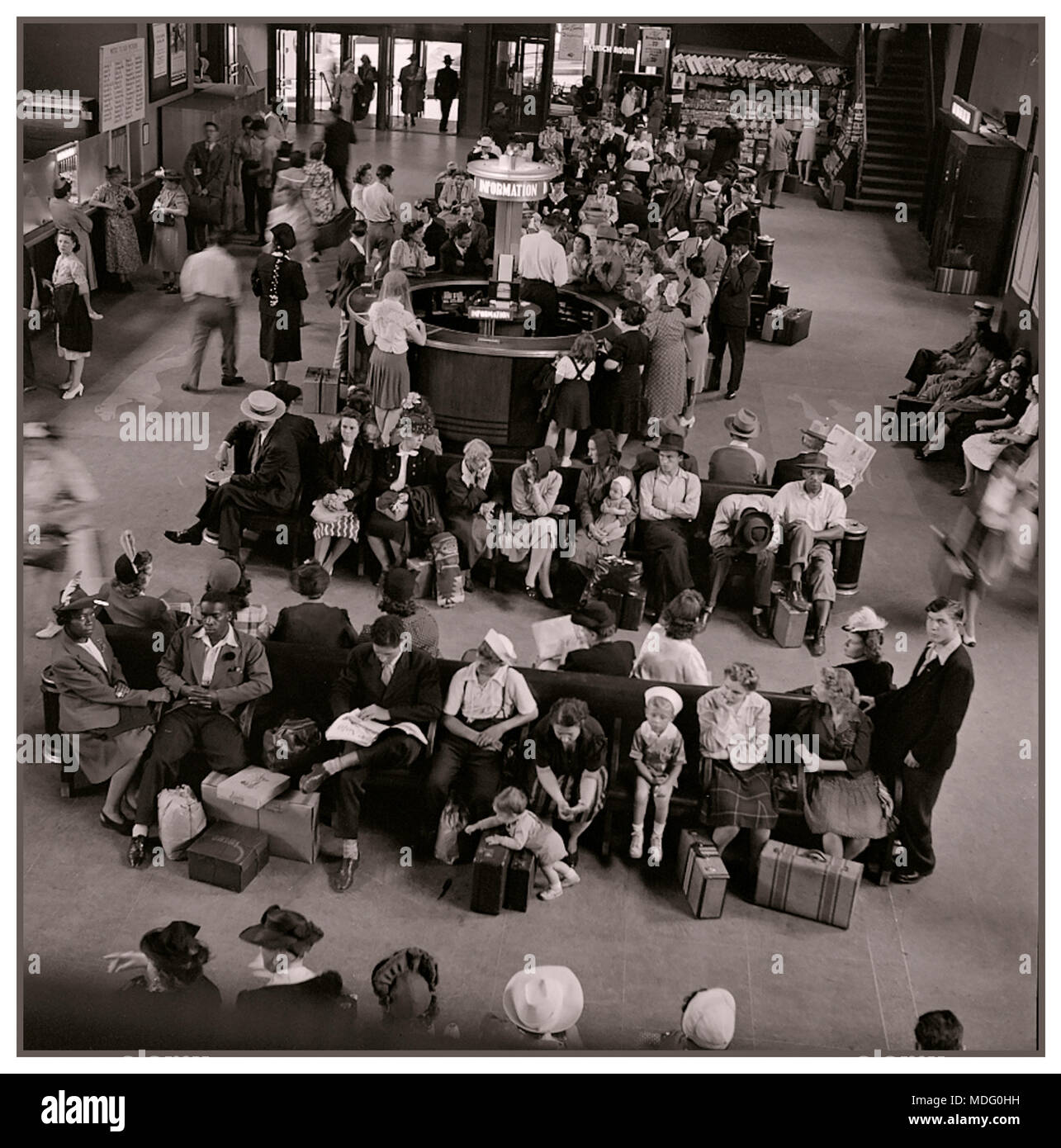 50’s Greyhound Bus Terminal waiting room 1950’s-1960s Pittsburgh Pennsylvania USA B&W monochrome toned image Stock Photo