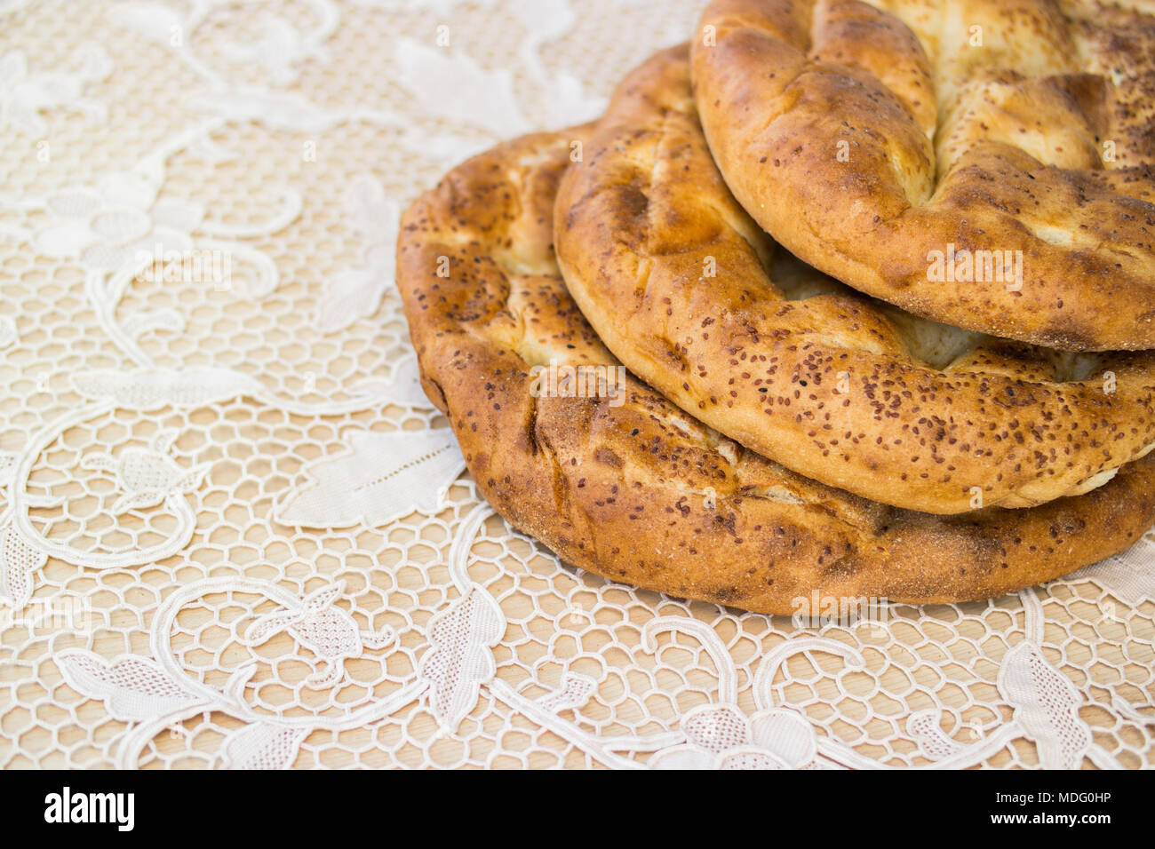 Turkish Ramadan Pita or Ramazan Pidesi. (Pide) Traditional bakery concept. Stock Photo
