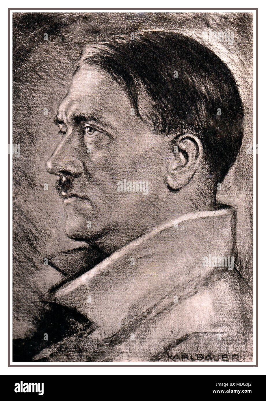 Portrait of Adolf Hitler 1938 by Karl Bauer (1868-1942) During the time of National Socialism Bauer made several portraits of Adolf Hitler. For this he was awarded the Goethe Medal for Art and Science by Hitler in 1938. Stock Photo