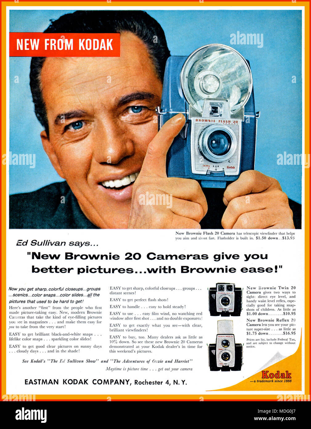 1959 Kodak Brownie Flash 20 Camera Press Advertisement with celebrity endorsement by American Talk Show Host Ed Sullivan Stock Photo
