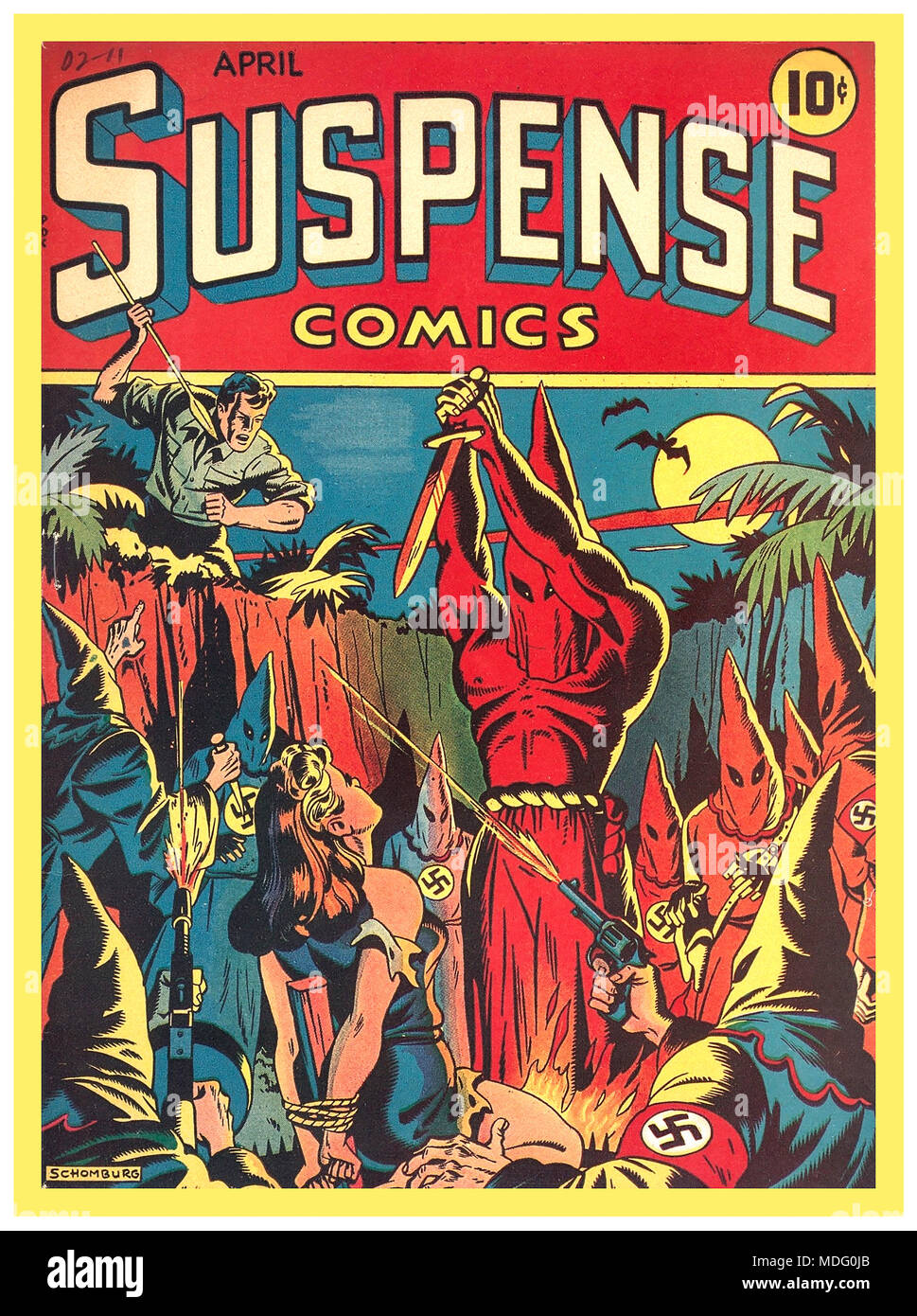 'SUSPENSE' Nazi Comic Vintage American comic book front cover 1940's infamous Nazi torture bondage comic book cover 1944 'Suspense' front cover by Alex Schomburg. Hooded Swastika wearing torturers dressed with strong echoes of Klu Klux Klan members Stock Photo
