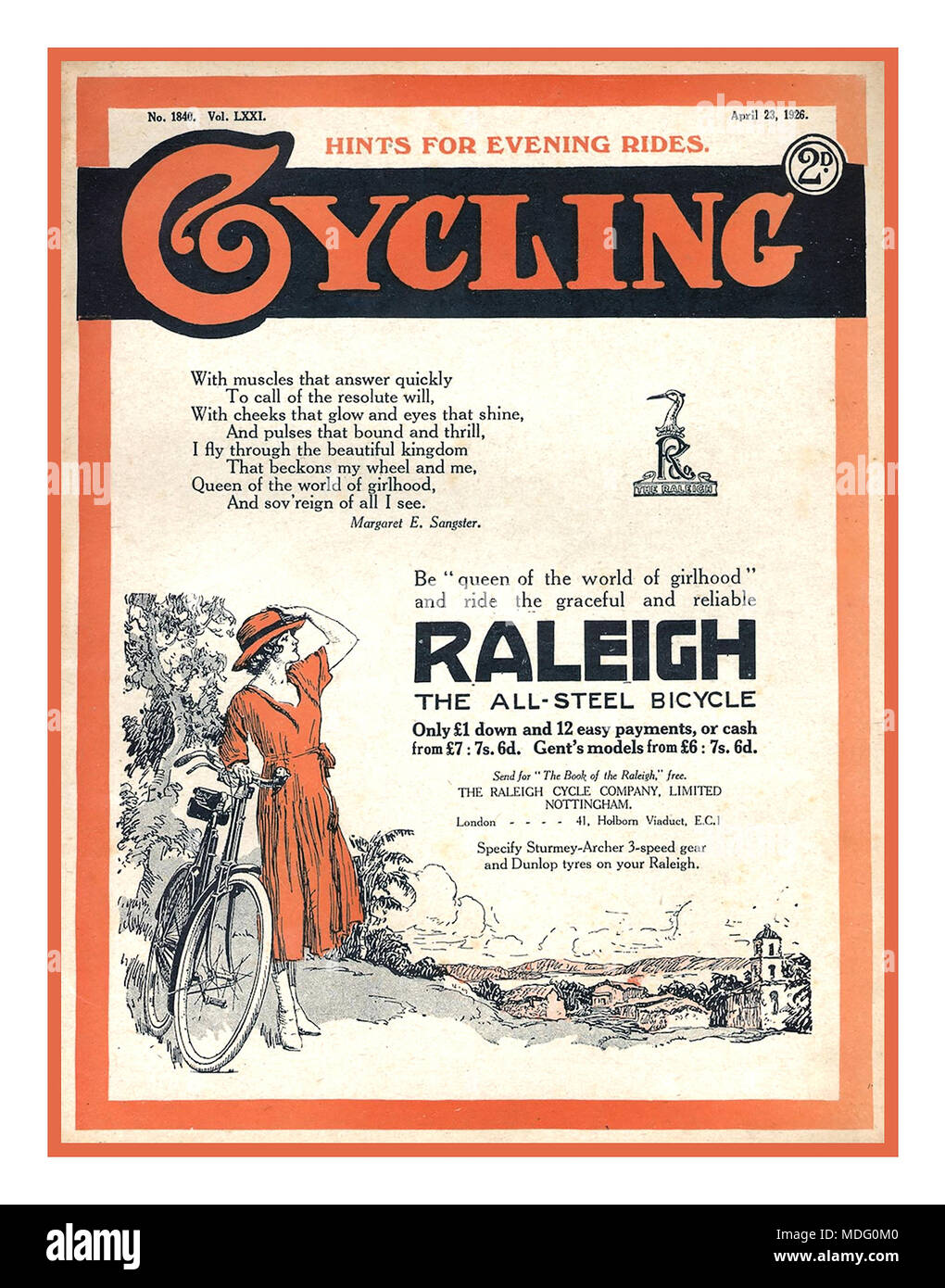 1900's Vintage Historic Old Raleigh Cycling advertisement Poster “Queen of the World of Girlhood” – Raleigh ad on cover of Cycling magazine, 1926. Stock Photo