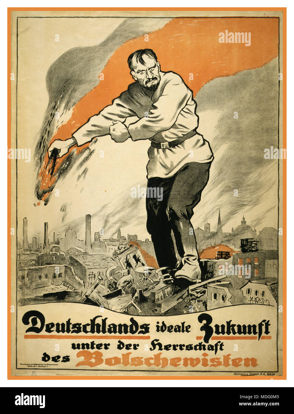 1919 German anti Bolshevik vintage historic old Bolshevism propaganda poster shows a gigantic Russian man standing on the burning ruins of a city.  'Germany's ideal future under the leadership of the Bolsheviks' Stock Photo