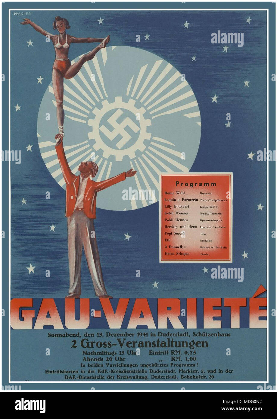 WW2 Nazi Germany Theatre poster 1941 promoting 2 major Variety events “Gau – Variete” in Duderstadt with Nazi Swastika Symbol forming part of the theatre performance propaganda Stock Photo