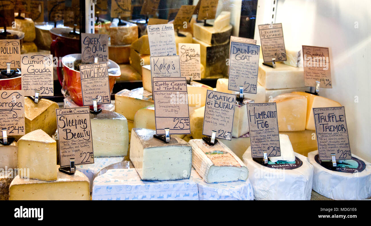 The names alone of these artisan cheeses make you want to try them.  Free samples are on the house at the Rogue Creamery Cheese Shop, Medford, Oregon Stock Photo