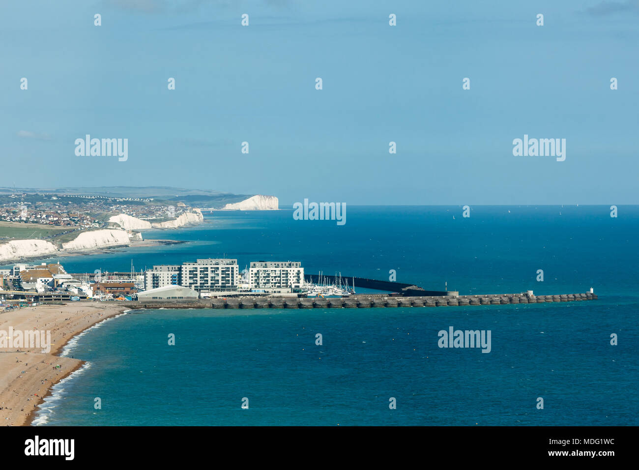 Brighton, United Kingdom - AUGUST 1, 2017: tourists admire the amazing view of English channel and the city, the British Airways i360 observation towe Stock Photo