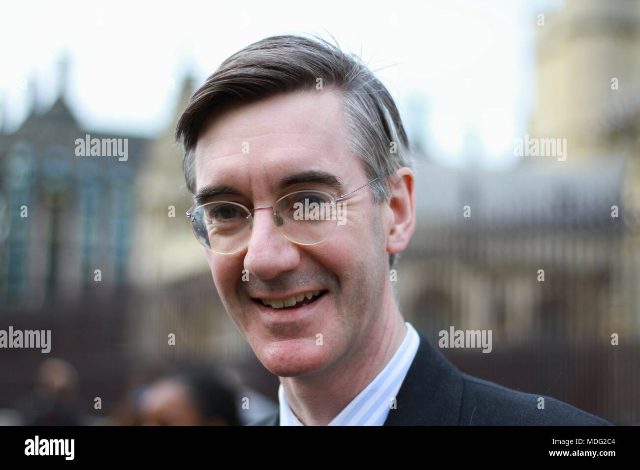17 April 2018 Jacob Rees-Mogg posed for the photograph in Parliament Square London at the request of the photographer. British politicians. MPS. British politics. ERG. European research group. FAMOUS POLITICIANS. Photo credit Russell Moore. Russell Moore portfolio page. Stock Photo