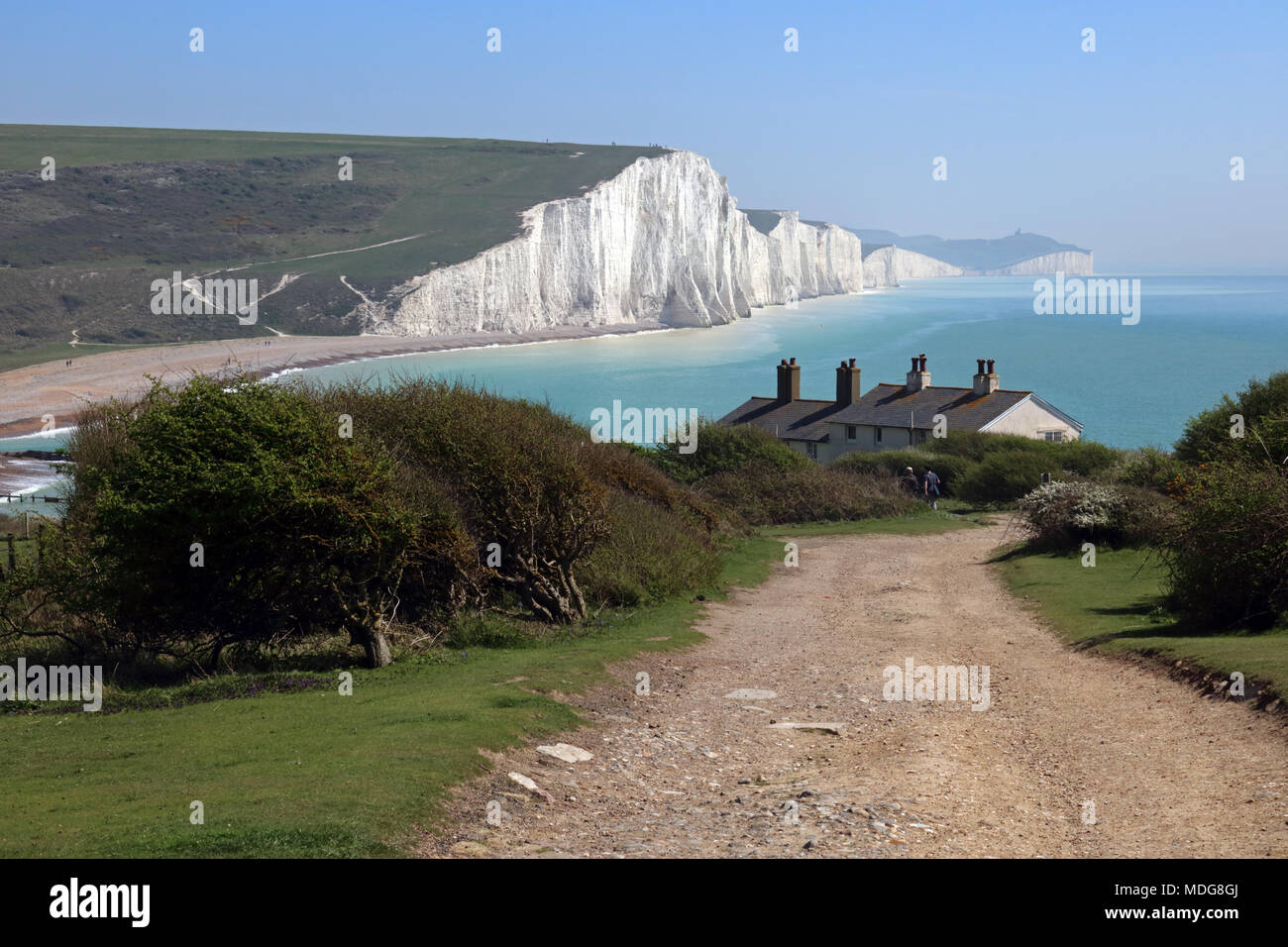 Seaford, East Sussex, England. 19th April 2018. Fabulous Spring sunshine with views to the Seven Sisters, East Sussex. Stock Photo
